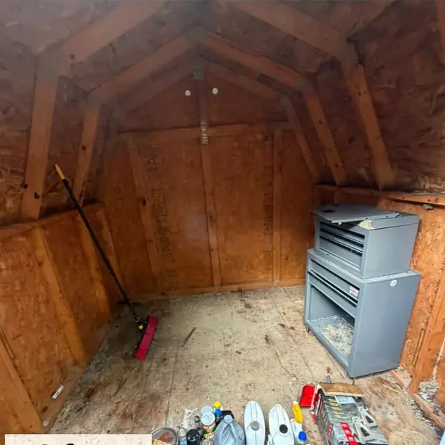After: the same shed cleared out with a swept floor