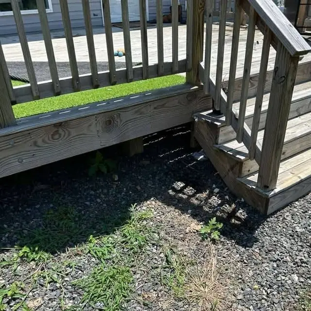 After: the gravel beside the deck steps cleared of trash